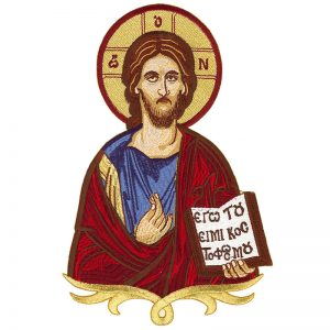 Gestickte Darstellung von Jesus Christus dem Gesegneten