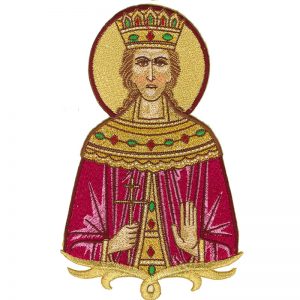 Gestickte Darstellung der Heiligen Barbara