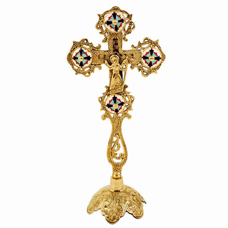 Croce di benedizione in bronzo con smalti