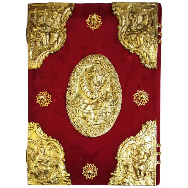 Evanghelie sculptată în aur placat cu catifea burgundă
