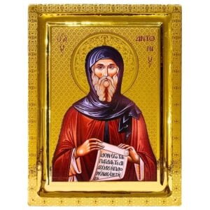 Традиционална иконографија Светитеља са златним оквиром и неогрчким стилом, иконица Светитеља, црквени предмети, религијски артефакти, византијске иконе, иконе Светитеља, црквени експонати, агиографски предмети, уметност и обреди.