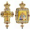 Icoană bisericească mare cu cruce de aur și decor cu pietre prețioase, potrivită pentru articole bisericești și slujbe.