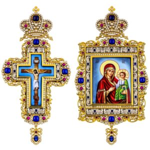Кандило са иконама и крстом, црквени предмети, златни и украшени драгим камењем, идеални за цркве и верске поклоне, високог квалитета и традиционалног дизајна.